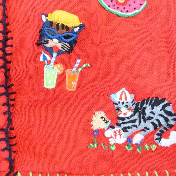 Vintage 90s M.C. & Co Red Funny Cat Embroidered Cardigan Sweater S - Picture 8 of 9